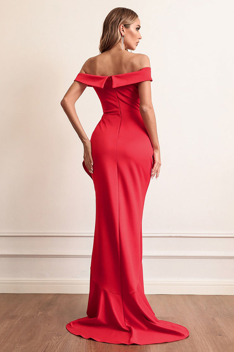 Load image into Gallery viewer, Red Sheath Off The Shoulder Prom Dress With Ruffles