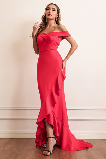 Red Sheath Off The Shoulder Prom Dress With Ruffles