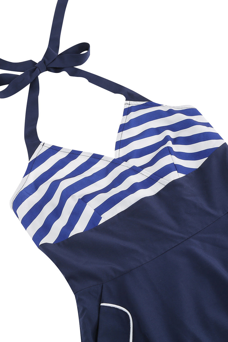 Load image into Gallery viewer, Halter Stripe Blue Swing Retro Dress With Pockets