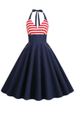 Halter Stripe Blue Swing Retro Dress With Pockets