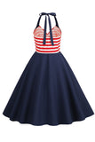 Halter Stripe Blue Swing Retro Dress With Pockets