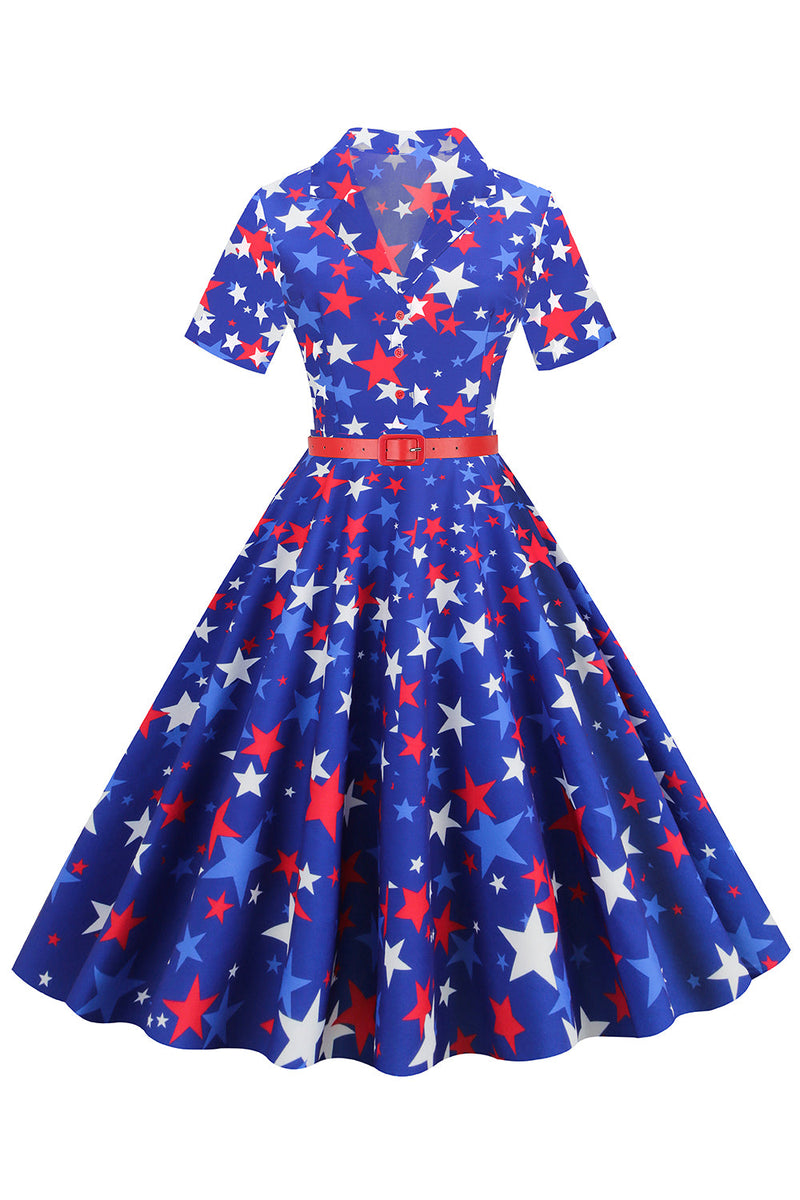 Load image into Gallery viewer, Royal Blue Stars Print Belt 1950s Dress With Short Sleeves