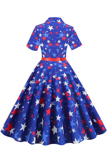 Royal Blue Stars Print Belt 1950s Dress With Short Sleeves