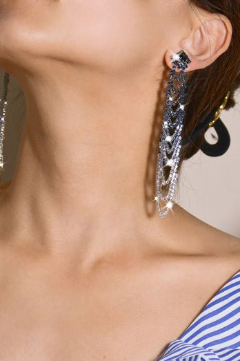 Grey Rhinestones Tassel Long Earrings