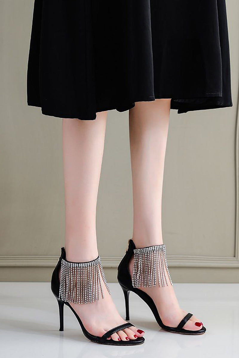 Load image into Gallery viewer, Black Rhinestone Thick High Heels