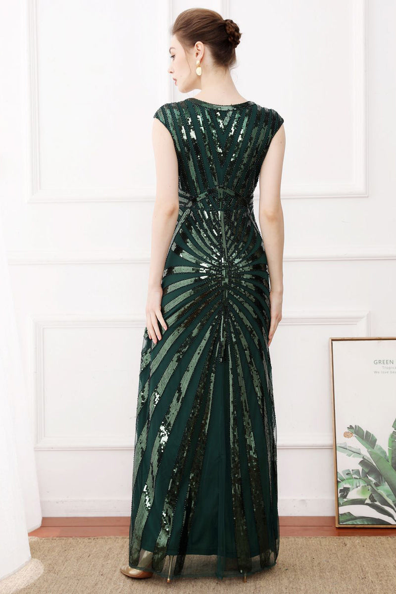 Load image into Gallery viewer, Dark Green Sequins Long 1920s Dress with Beaded