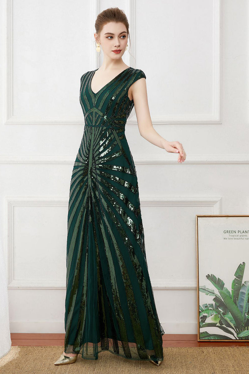 Load image into Gallery viewer, Dark Green Sequins Long 1920s Dress with Beaded