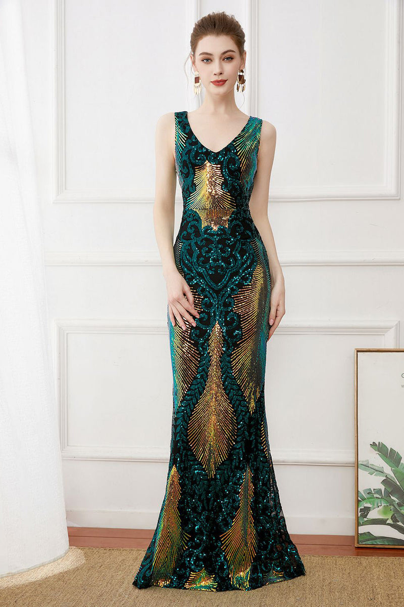Load image into Gallery viewer, Dark Green Sequins Sheath Long 1920s Dress