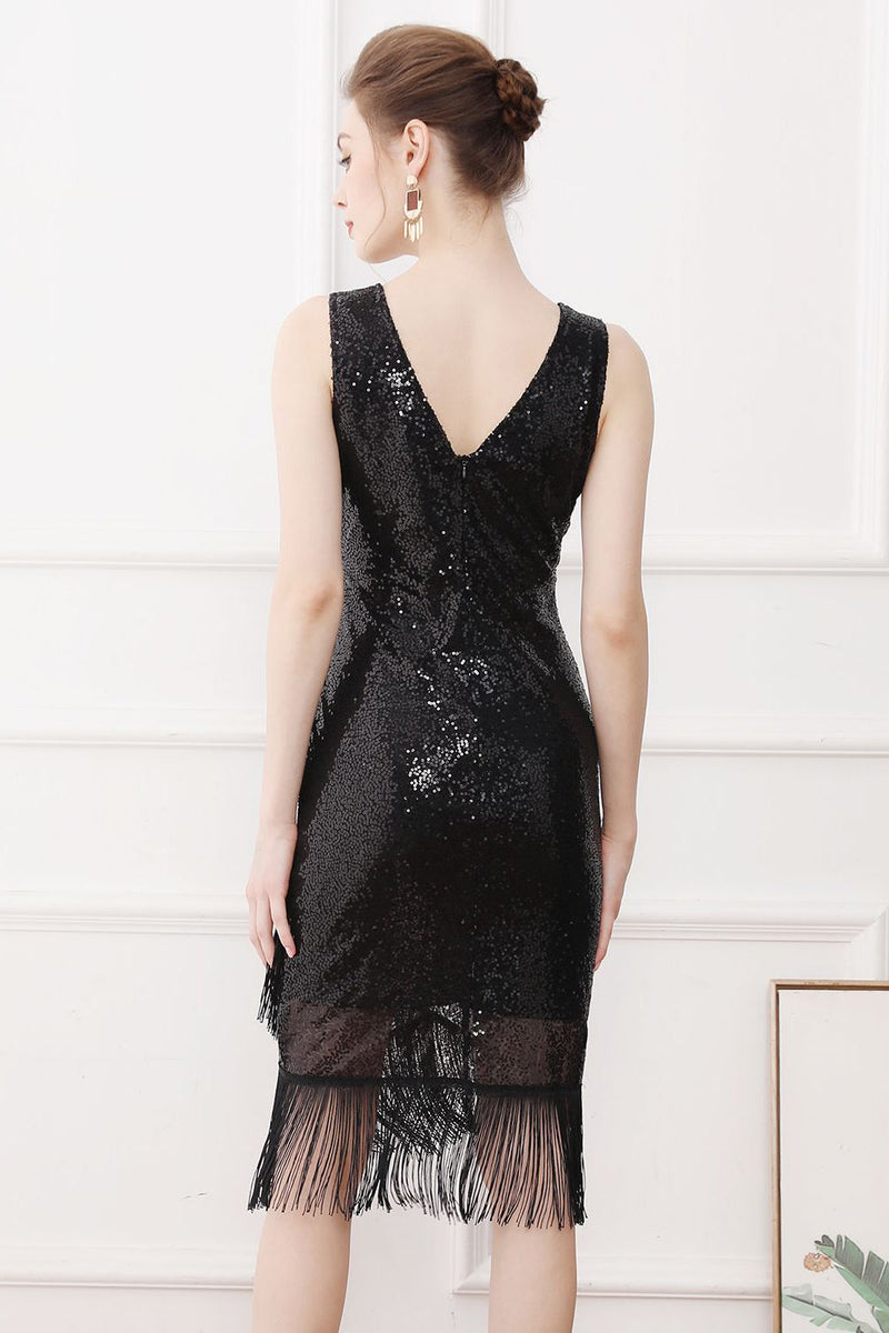Load image into Gallery viewer, Sequins Glitter Black 1920s Dress with Fringes