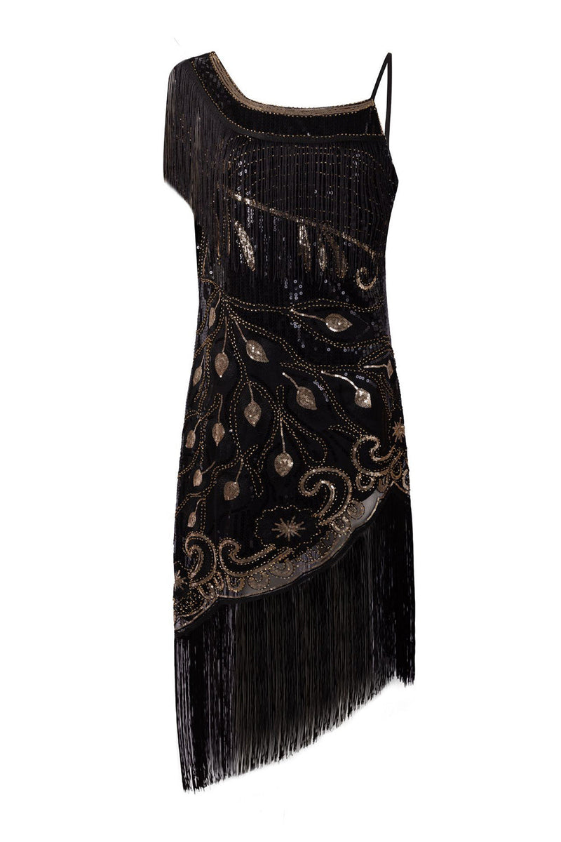 Load image into Gallery viewer, Black One Shoulder 1920s Dress with Fringes
