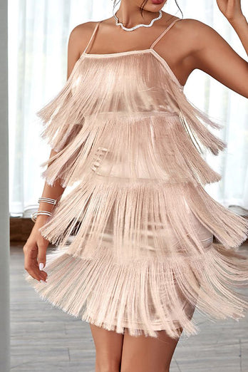 Blush Spaghetti Straps Short Cocktail Party Dress with Fringes