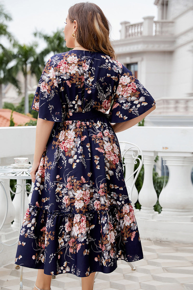 Load image into Gallery viewer, Plus Size V Neck Navy Summer Dress With Short Sleeves