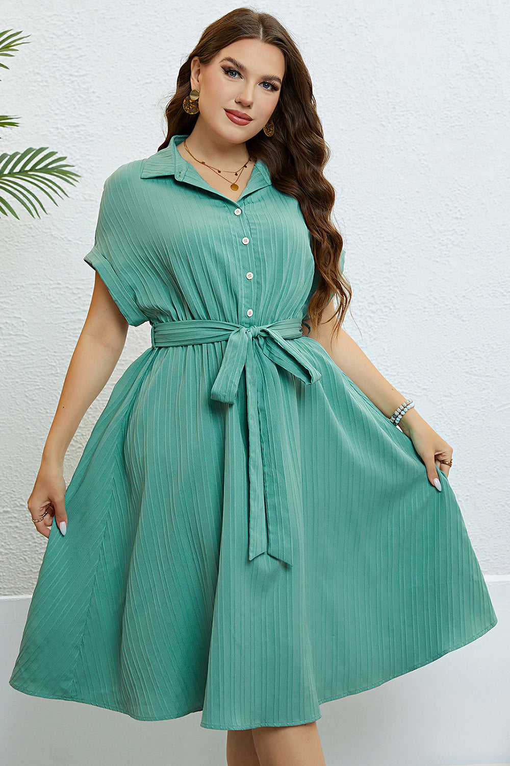Green Short Sleeves Plus Size Summer Dress With Belt