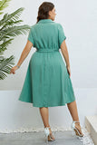 Green Short Sleeves Plus Size Summer Dress With Belt