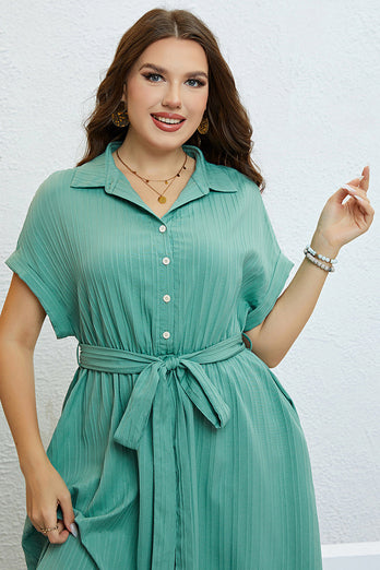 Green Short Sleeves Plus Size Summer Dress With Belt