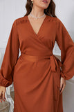 Brown Plus Size Long Sleeves Summer Dress with Ruffles