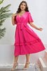 Load image into Gallery viewer, V Neck Fuchsia A Line Plus Size Summer Dress With Belt