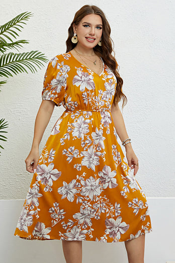 Yellow V Neck Plus Size Flowers Printed Summer Dress