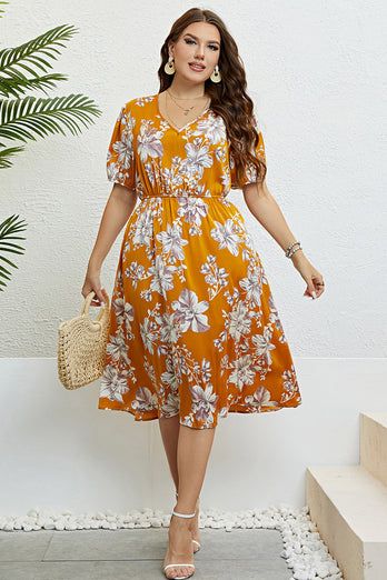 Yellow V Neck Plus Size Flowers Printed Summer Dress