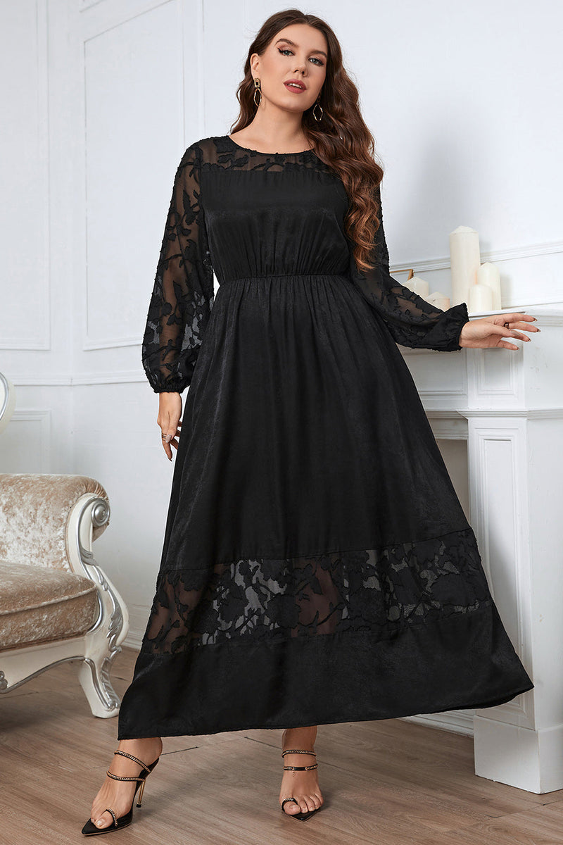 Load image into Gallery viewer, Black Plus Size Long Sleeves Round Neck Summer Dress