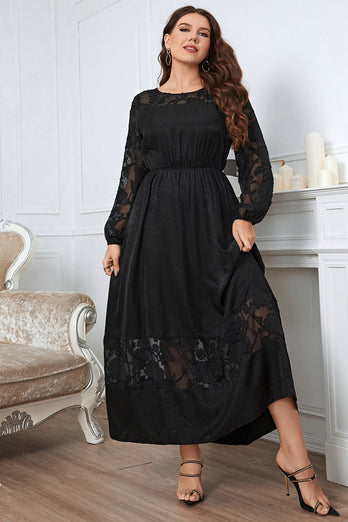 Black Plus Size Long Sleeves Round Neck Summer Dress