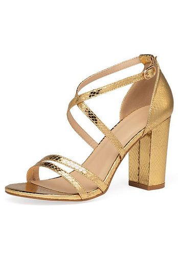 Golden Chunky High Heel Ankle Strap Sandal