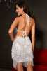 Load image into Gallery viewer, Sparkly Halter Backless Sequins Black Short Graduation Dress with Fringes