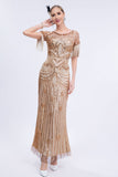 Champagne Beaded Long Gatsby Fringed Flapper Dress