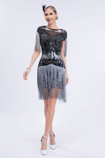 Black Grey Sequins Roaring 20s Gatsby Fringed Flapper Dress