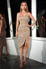Load image into Gallery viewer, Light Khaki Sparkly Sequin Spaghetti Straps Cocktail Dress With Slit