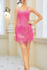 Load image into Gallery viewer, Sparkly Sequin Fuchsia Spaghetti Straps Short Cocktail Dress With Fringes