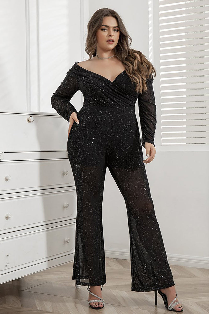 Load image into Gallery viewer, Black Sparkly Long Sleeves Off the Shoulder Jumpsuit