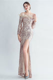 Sparkly Off The Shoulder Sequins Golden Prom Dress with Feathers