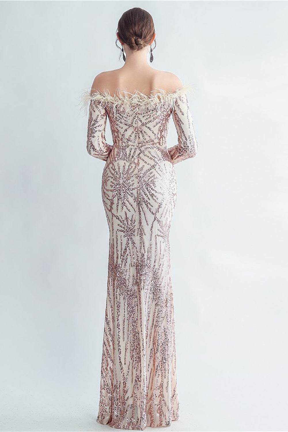 Sparkly Off The Shoulder Sequins Golden Prom Dress with Feathers