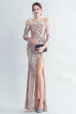 Sparkly Off The Shoulder Sequins Golden Prom Dress with Feathers