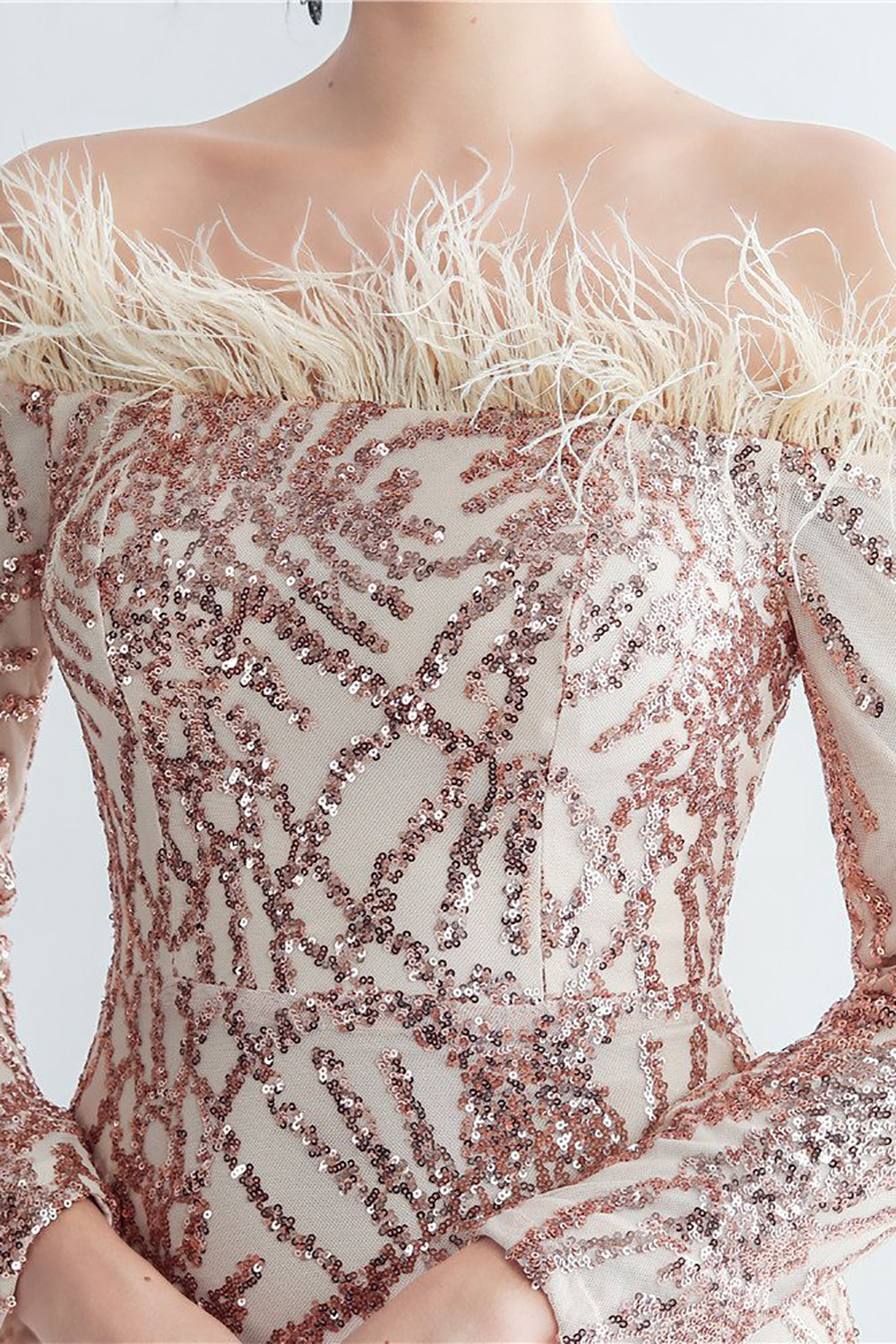 Sparkly Off The Shoulder Sequins Golden Prom Dress with Feathers