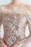 Sparkly Off The Shoulder Sequins Golden Prom Dress with Feathers