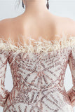 Sparkly Off The Shoulder Sequins Golden Prom Dress with Feathers