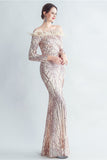 Sparkly Off The Shoulder Sequins Golden Prom Dress with Feathers