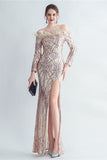 Sparkly Off The Shoulder Sequins Golden Prom Dress with Feathers