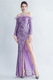 Sparkly Off The Shoulder Sequins Golden Prom Dress with Feathers