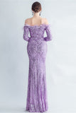 Sparkly Off The Shoulder Sequins Golden Prom Dress with Feathers