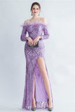 Sparkly Off The Shoulder Sequins Golden Prom Dress with Feathers