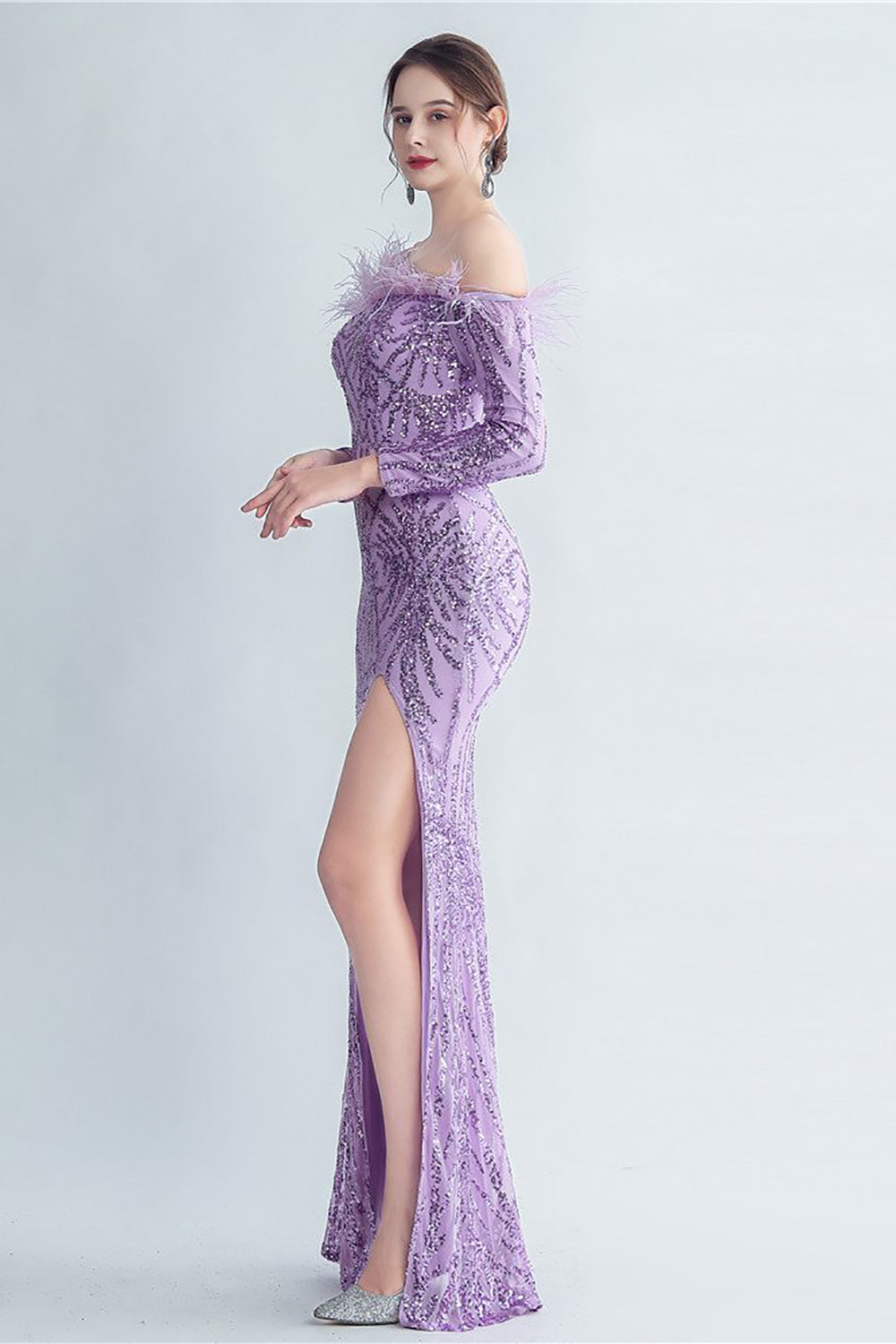 Sparkly Off The Shoulder Sequins Golden Prom Dress with Feathers