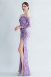 Sparkly Off The Shoulder Sequins Golden Prom Dress with Feathers