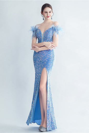 Cold Shoulder Sequins Blue Corset Prom Dress with Feathers