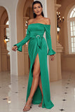 Off The Shoulder Green Long Prom Dress with Slit