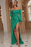Off The Shoulder Green Long Prom Dress with Slit