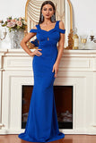 Satin Mermaid Cold Shoulder Royal Blue Prom Dress