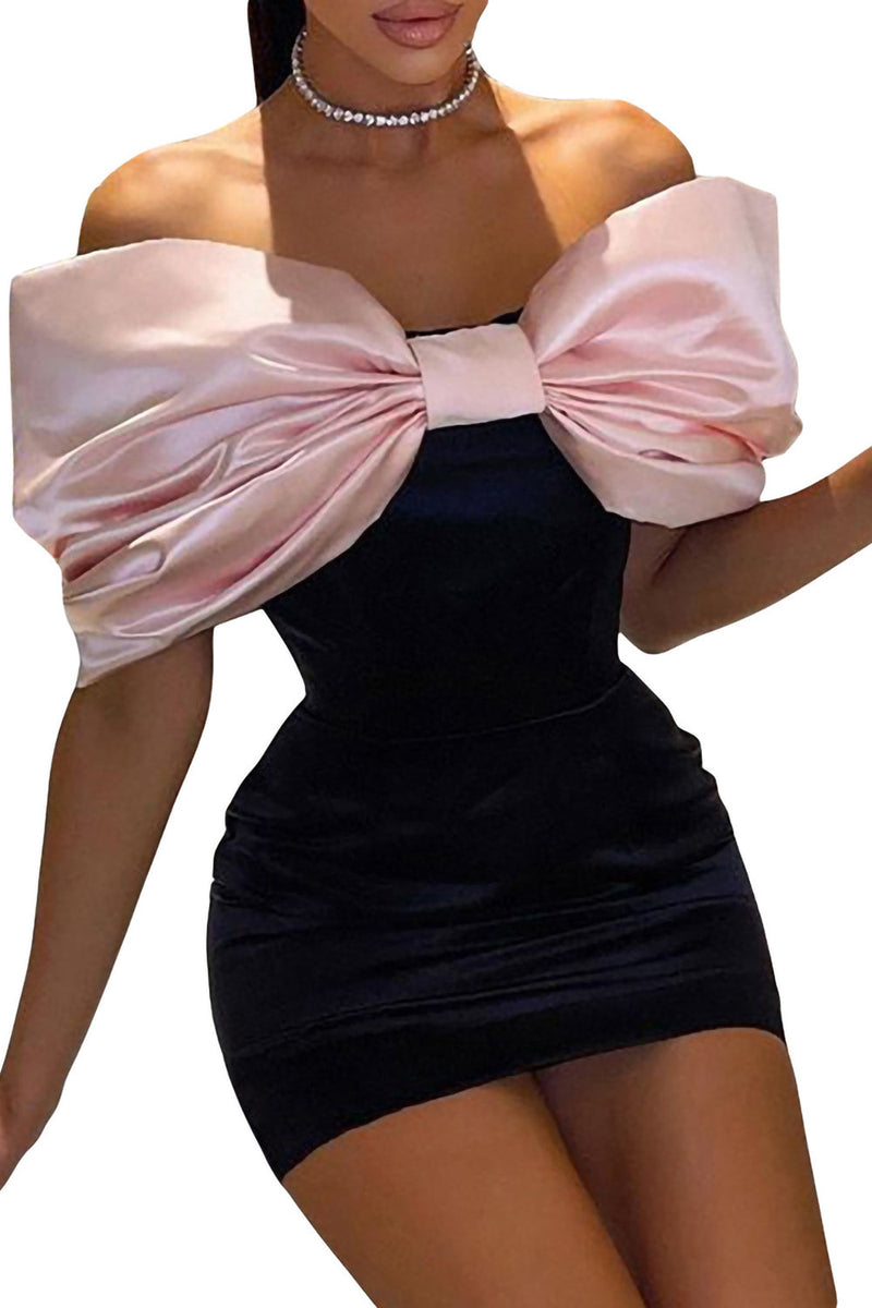 Load image into Gallery viewer, Off The Shoulder Big Bowknot Black Pink Homecoming Dress